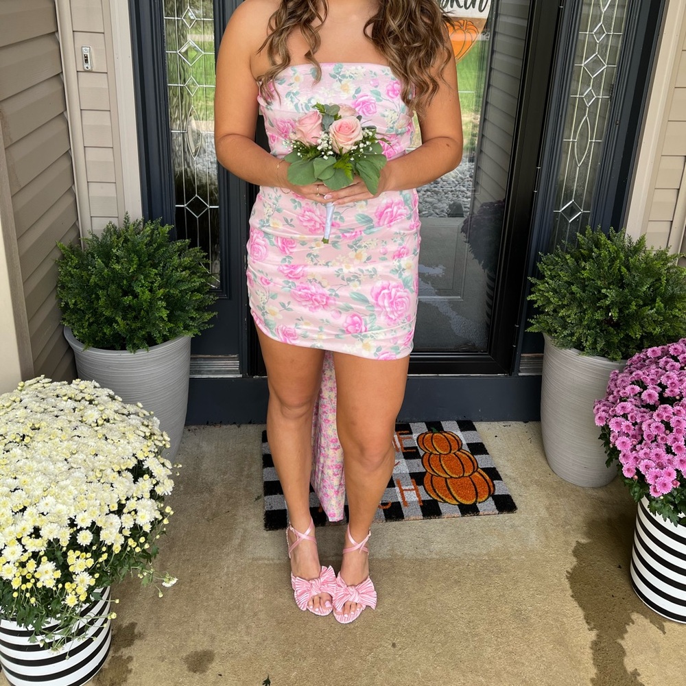 Floral Strapless Dress with Pink and Green Accents